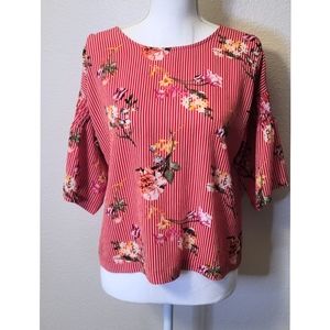 Red Floral Stripe Blouse Flowy Sleeve TWINE & STRING Vibrant Size Medium
